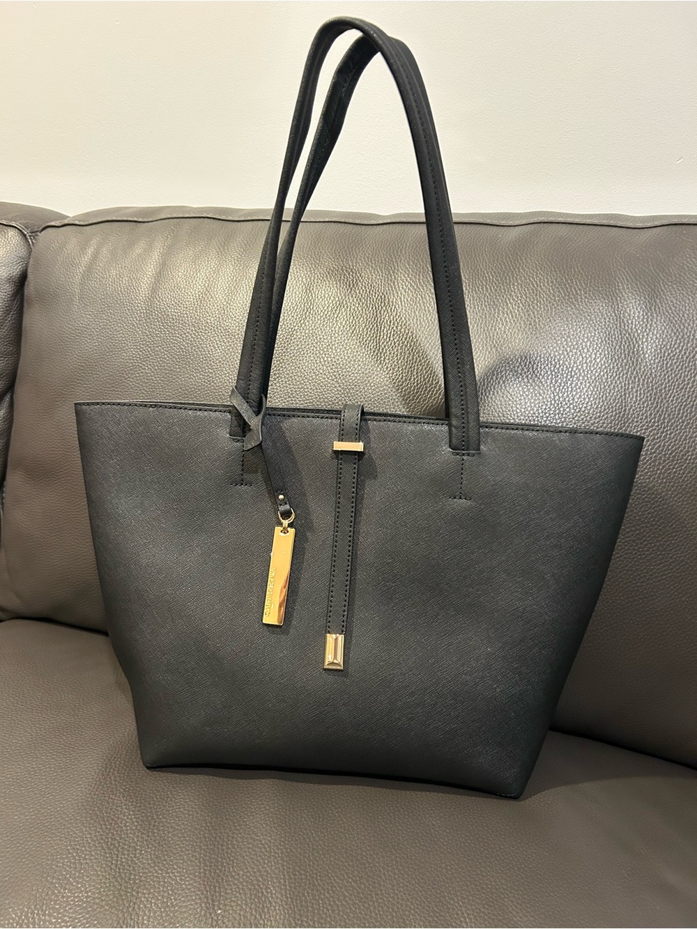 Vince Camuto Classic Black Tote Bag with Gold Accent